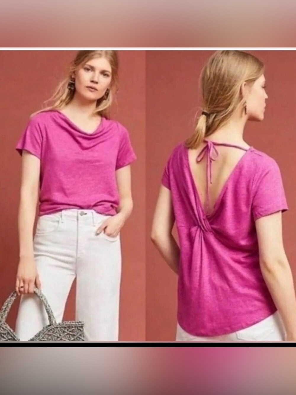 ANTHROPOLOGIE MAEVE WOMENS PINK HORIZON SHORT SLEEVE LOW V TIE BACK LINEN TOP M